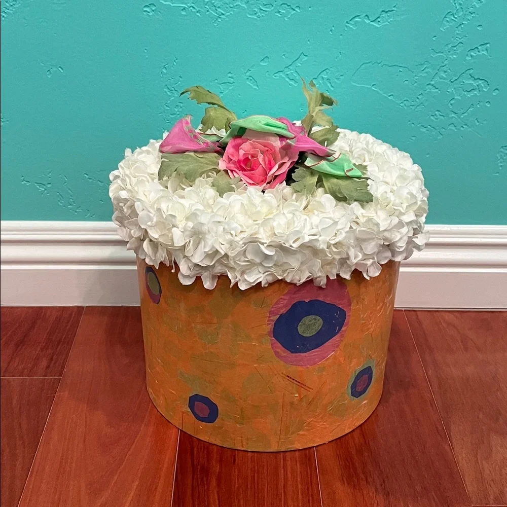 Floral Round Decorative Box with White and Pink Accents